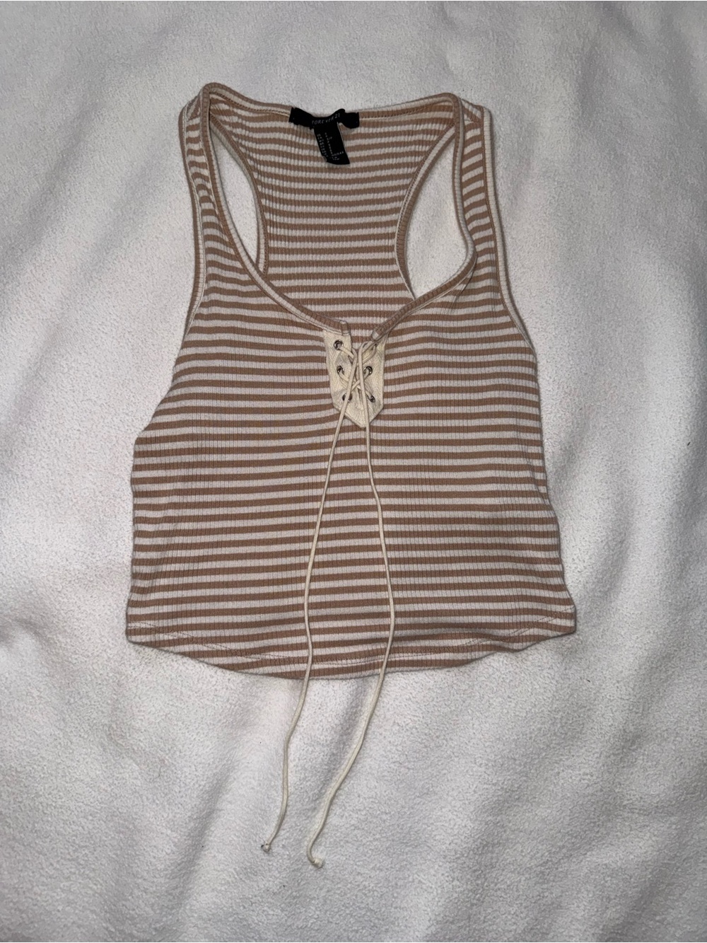Forever 21 Beige and White Striped Lace-Up Ribbed Tank